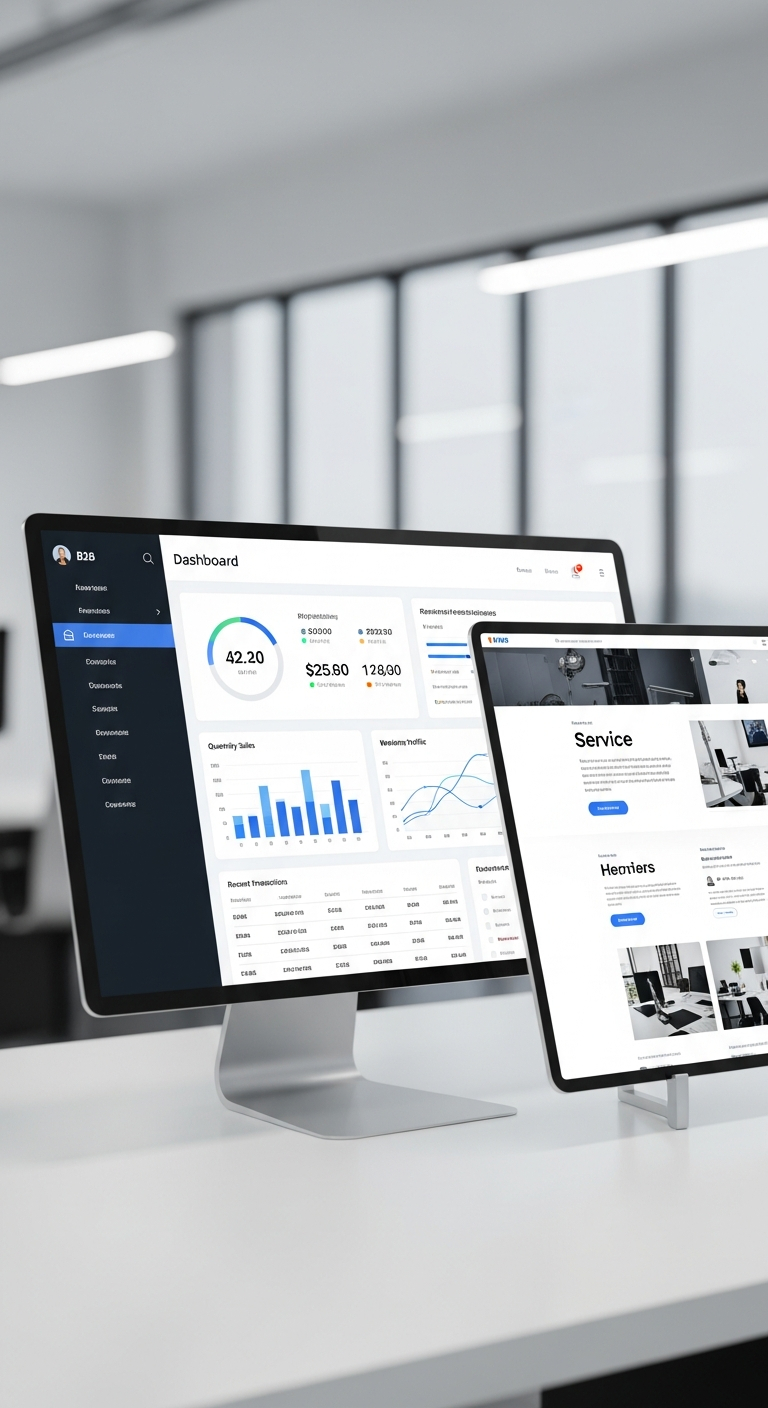 AI_IMAGE: Clean, minimalist B2B dashboard and website interface shown on a digital screen, clinical and professional, bright lighting | photorealistic | portrait