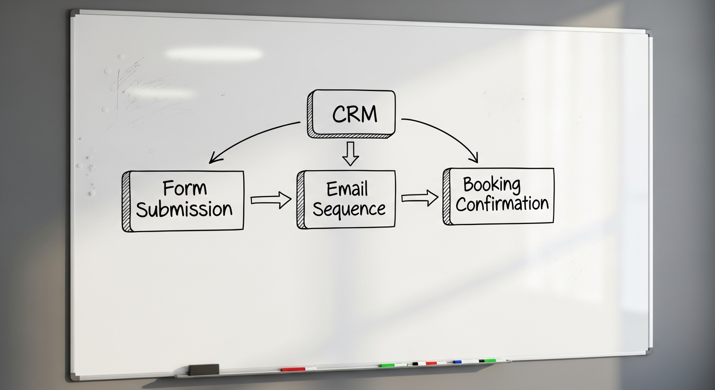 AI_IMAGE: Whiteboard diagram showing a business workflow with arrows connecting form submission to CRM to email sequence to booking confirmation, hand-drawn style on a clean white surface, professional setting | photorealistic | landscape