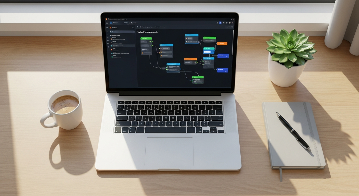 AI_IMAGE: Abstract overhead view of a tidy modern desk with a laptop showing a workflow automation interface with connected nodes and process steps, clean minimal aesthetic, warm natural light | photorealistic | landscape