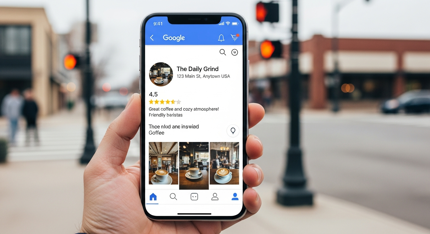 AI_IMAGE: Smartphone displaying a Google Maps business listing with reviews and photos, held in hand against a blurred urban street background, natural daylight, clean and professional | photorealistic | landscape