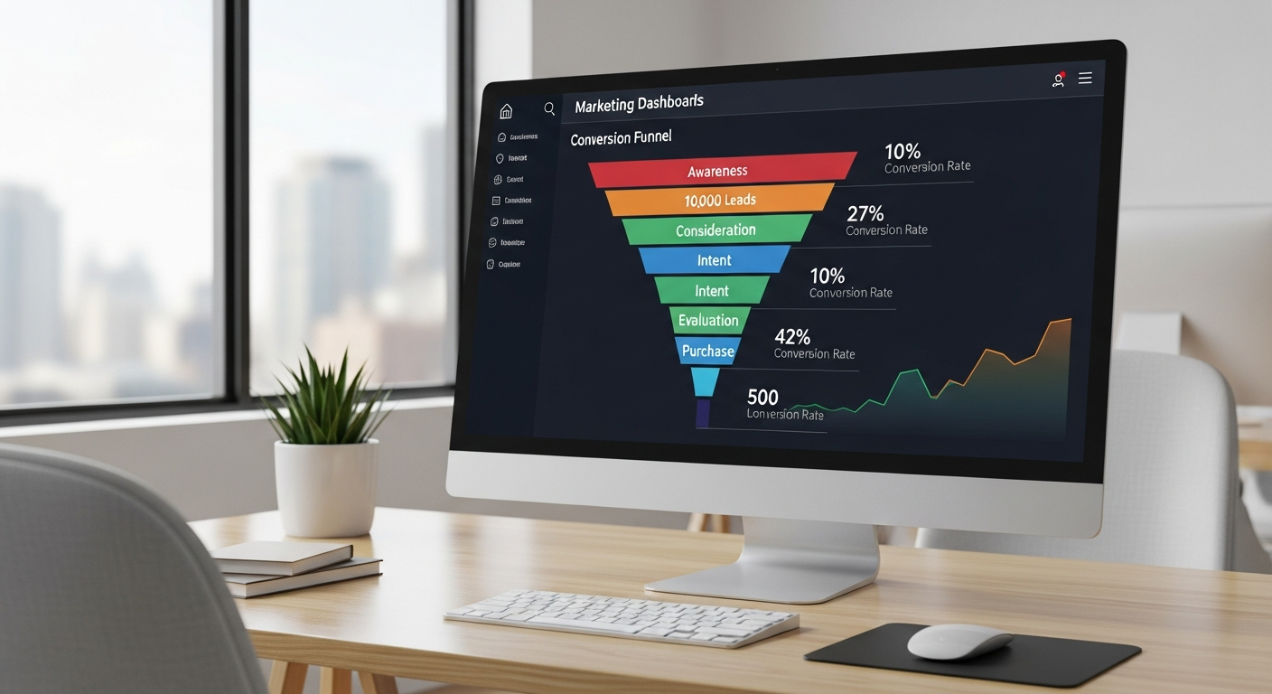 AI_IMAGE: Marketing dashboard on a widescreen monitor showing conversion funnel analytics with lead counts and percentage metrics, modern office setting, clean and well-lit | photorealistic | landscape