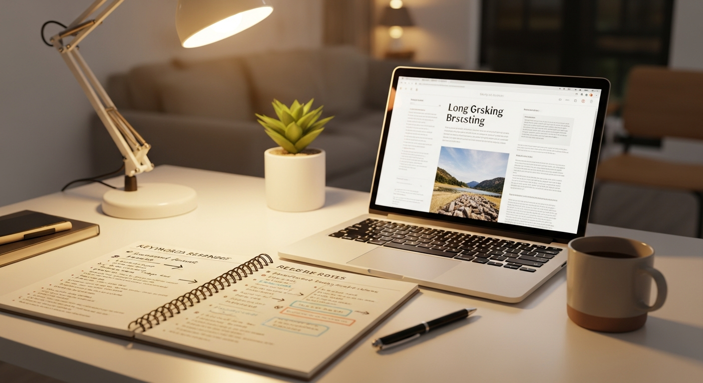 AI_IMAGE: Writer's desk with an open laptop showing a long-form blog article, a notepad with keyword research notes beside it, warm ambient lighting, clean and minimal workspace | photorealistic | landscape