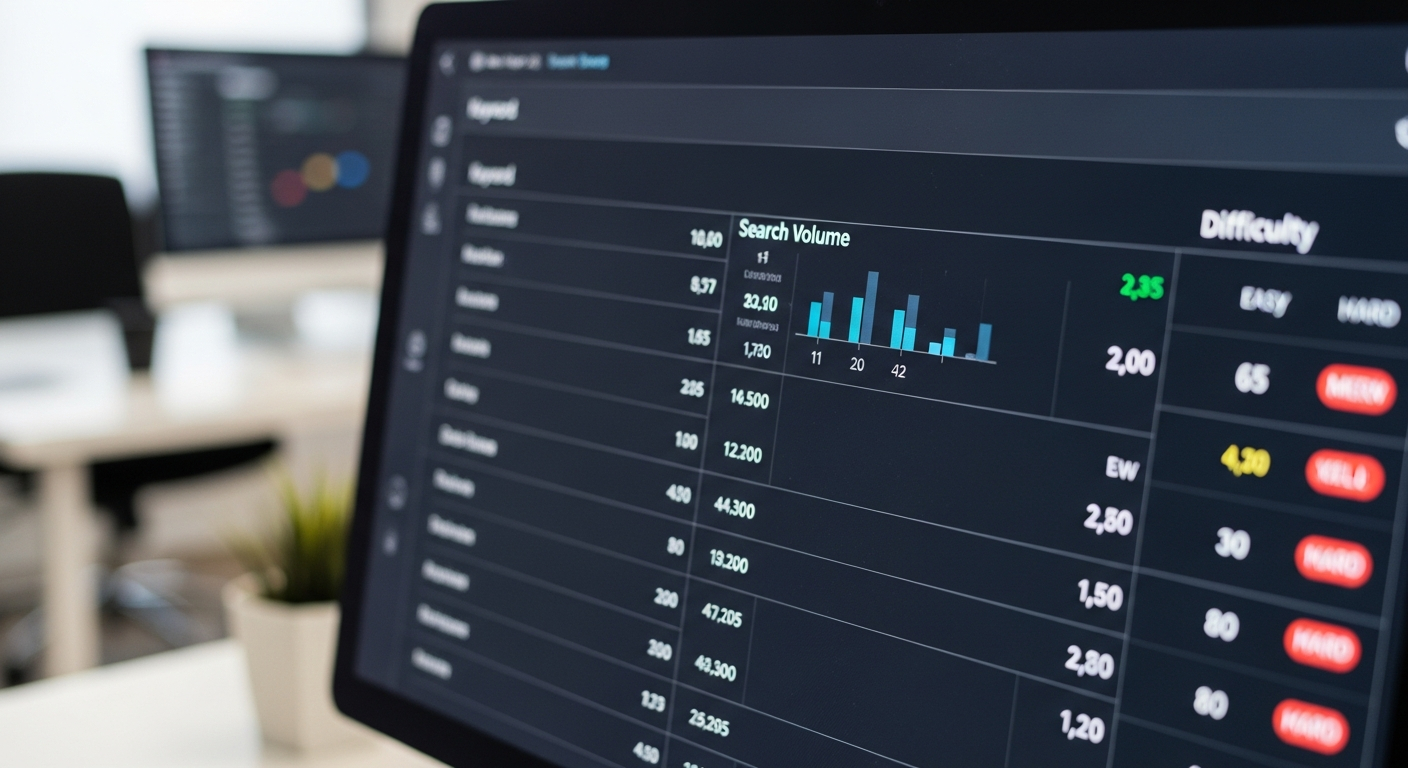 AI_IMAGE: Close-up of a screen displaying keyword research data with search volume columns and difficulty scores, clean modern interface, professional analytical setting | photorealistic | landscape