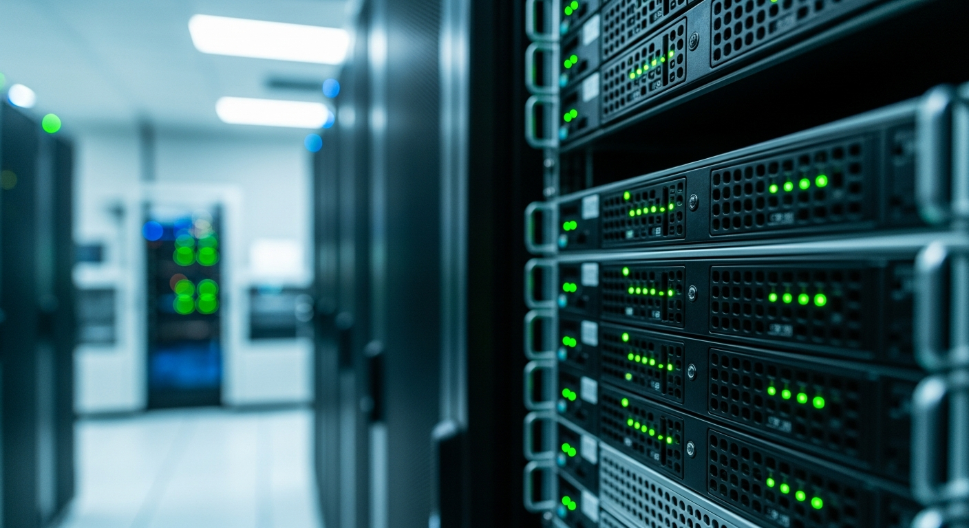 AI_IMAGE: Server rack with soft green indicator lights in a clean, well-lit data room environment, shallow depth of field, professional and technical atmosphere | photorealistic | landscape