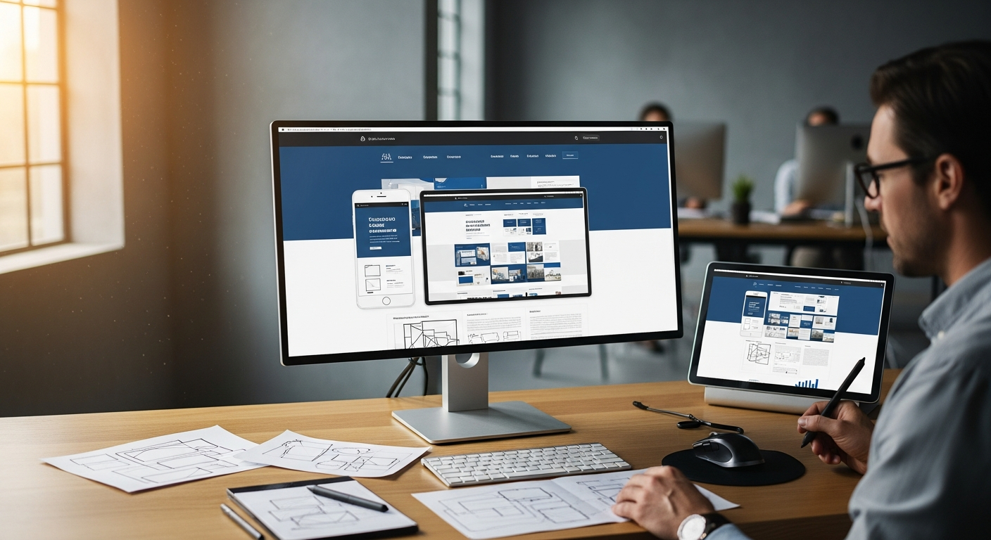 AI_IMAGE: Clean modern workspace with a designer reviewing a responsive website layout on a large monitor, wireframe sketches on the desk, warm natural light, professional B2B setting | photorealistic | landscape